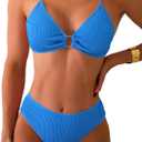 Fanuerg Women's Ribbed Triangle Bikini Sets O Ring Linked Two Piece Swimsuit Textured Cheeky Swim Bathing Suit (Dark Blue, XS)