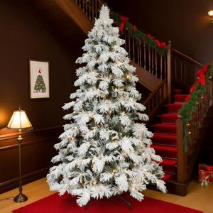 8FT Prelit Flocked Christmas Tree with Light, Snowy Pine Design, 470 Warm White LED Lights, Hinged Branches, Metal Stand, Realistic Artificial Xmas Tree for Indoor Holiday Decoration