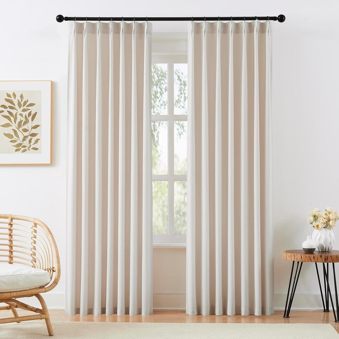 Linen Texture Curtains for Living Room Bedroom Pinch Pleated 84 Inch Length Blush Beige Semi Sheer Window Curtains 2 Panel Set for Girls Room Light Filtering Pleated Drapes with Hooks for Home Decor