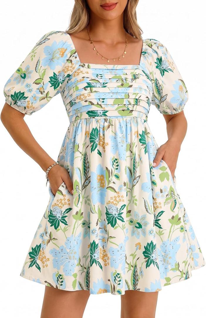 Wenrine Womens Summer Square Neck Mini Dresses Casual Floral Puff Short Sleeve Smocked High Waisted A-Line Babydoll Dress (Beige, large)