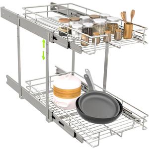EZKAZA Pull Out Cabinet Organizer 7.5" W x 21" D, 2-Tier Kitchen Cabinet Pullout Shelf and Drawer Organizer Slide Out Pantry Storage Basket, 6.2" W x 21" D x 2.4" H for Bottom Basket Size