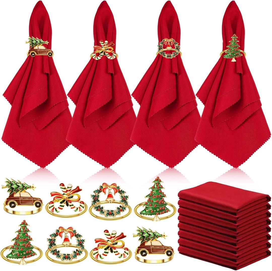 EBOOT 16 PCS Christmas Napkins and Ring Set 8 PCS Red Washable Napkins Cloth Fabric and 8 Christmas Rings Holder for Xmas Holiday Dinner Party Table Decoration(Tree, Candy, Bell, Car)