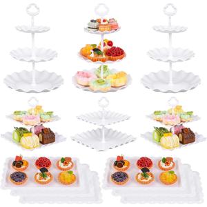 12-Pack Dessert Table Display Set, 6 Cupcake Stands and 6 Dessert Trays, Plastic Dessert Display Stands and Cake Stand, Treat Table Displays Set for Wedding, Baby Shower, Tea Party (White)