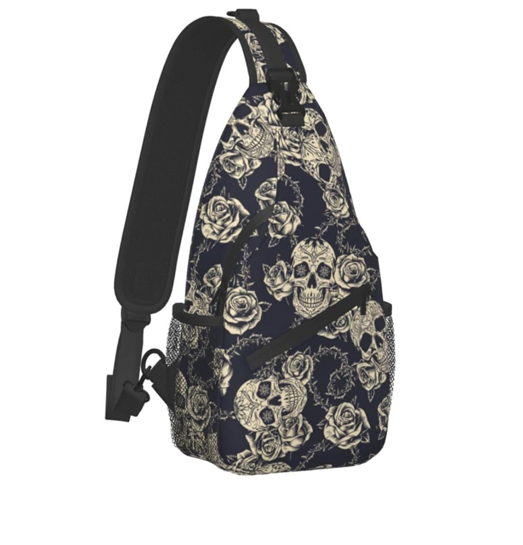 bassyil Skull Rose Sling Bag Crossbody Travel Hiking Chest Backpack Shoulder Daypack for Women Men