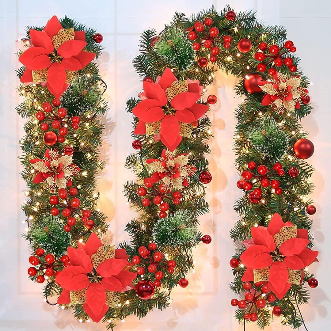 Christmas Garland, Christmas Garland with Lights Battery Operated,9 ft Rattan Artificial Flower Vine Plants Xmas Decorations for Indoor Outdoor Home Mantel Fireplace Stairs