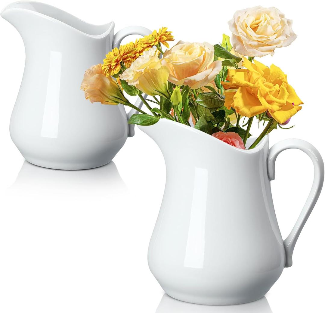 Domensi 2 Pcs 34oz White Ceramic Pitcher Vase Farmhouse Jug Vase Rustic Ceramic Pitchers with Handle Vintage White Flower Pots for Living Room Home Decor Bouquet Floral Arrangement Gifts