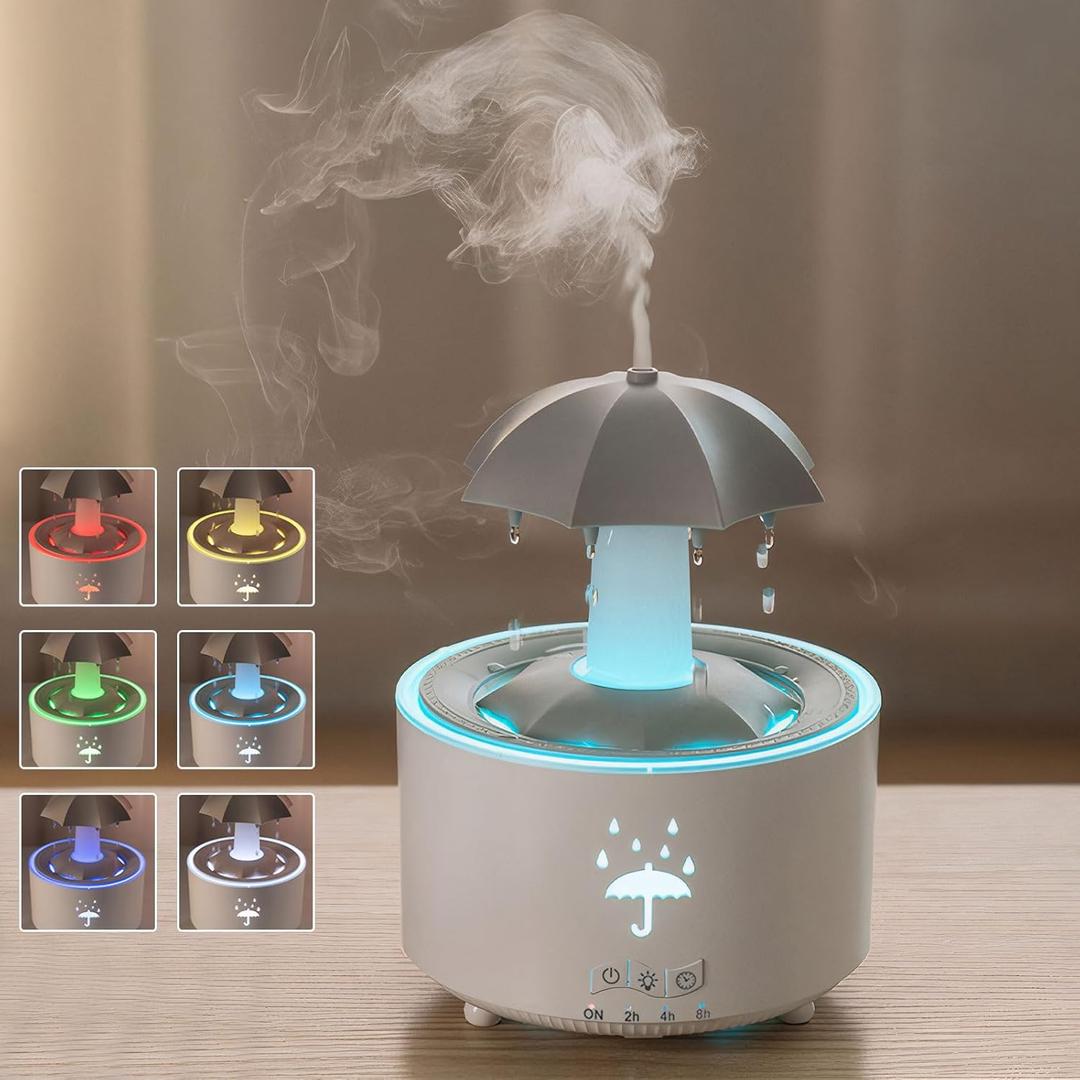 Raindrop Humidifier for Bedroom and Office, Essential Oil Diffuser with 7-Color LED Lights, 4-Timer Air Humidifier, Ideal 300ML Mini Air Vaporizer for Nursery & Families (White Rotatable Umbrella)