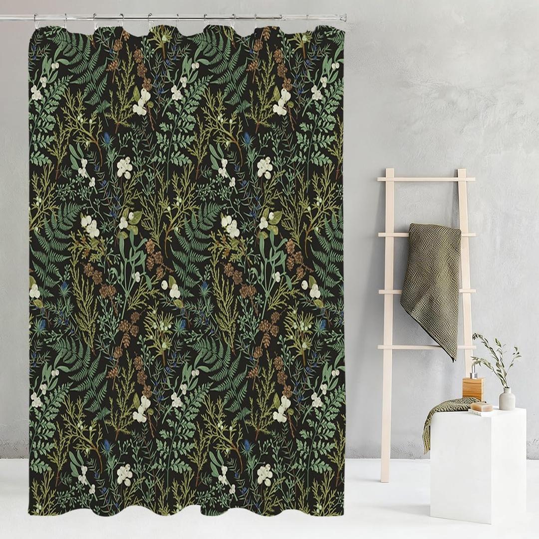 Faux Linen Vintage Floral Shower Curtain Black and Green Botanical Heavy Duty Bathroom Decor Curtain Dark Herbs Plants Shower Curtain Sets 72Wx72H Waterproof