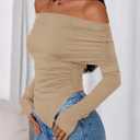 PRETTYGARDEN Women's Off The Shoulder Tops Spring Fashion 2026 Long Sleeve Shirts Going Out Slim Fitted Blouses Fall Clothes (Beige, XS)