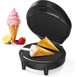 Waffle Cone Maker and Ice Cream Cone Maker with Cone Roller, 1000W Double Side Even Heating Thin Waffle Maker, Makes Crispy Waffle Cones, 7.5" Nonstick Plate Waffle Cone Maker Machine, Easy to Clean (Black)