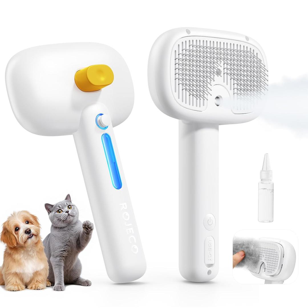 ROJECO 3-in-1 Pet Steam Brush for Cats & Dogs-Pet Spray Hair Removal Detangling Comb with Adjustable Mist, Handheld Deshedding Grooming Tool for Long/Short Hair, Massage Brush & Shedding Control, Cordless (White)