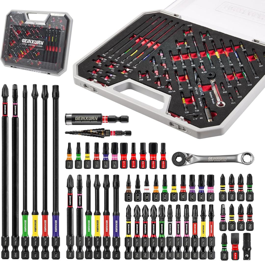Geinxurn 58Pcs Screwdriver Set Include 54Pcs Impact Screwdriver Bits Set, Mini Wrench, Step Drill, 1/4Socket Adapter and Impact Bit Extension with Tool Box for Home Repairs DIY