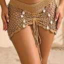 Women's Beach Crochet Hollow Out Shell Cover-Up Skirt Bikini Swimwear Wrap (Medium, Khaki)
