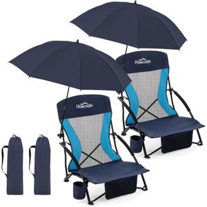 Homcosan Portable Low Folding Beach Chairs Set of 2 with Detachable Umbrellas - Lightweight Camping Chairs for Adults with Cup Holder & Storage Pockets, Carry Bag Included (Navy & Blue)
