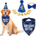 ADOGGYGO Dog Birthday Party Supplies, Multi Size Offered, Blue Dog Birthday Hat Bandana Numbers Bow Set for Large X-Large Dogs Pets (X-Large)