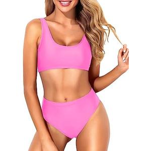Tempt Me Women Two Piece Scoop Neck Bikini Crop Top Swimsuit Sporty High Waisted Bathing Suit Small