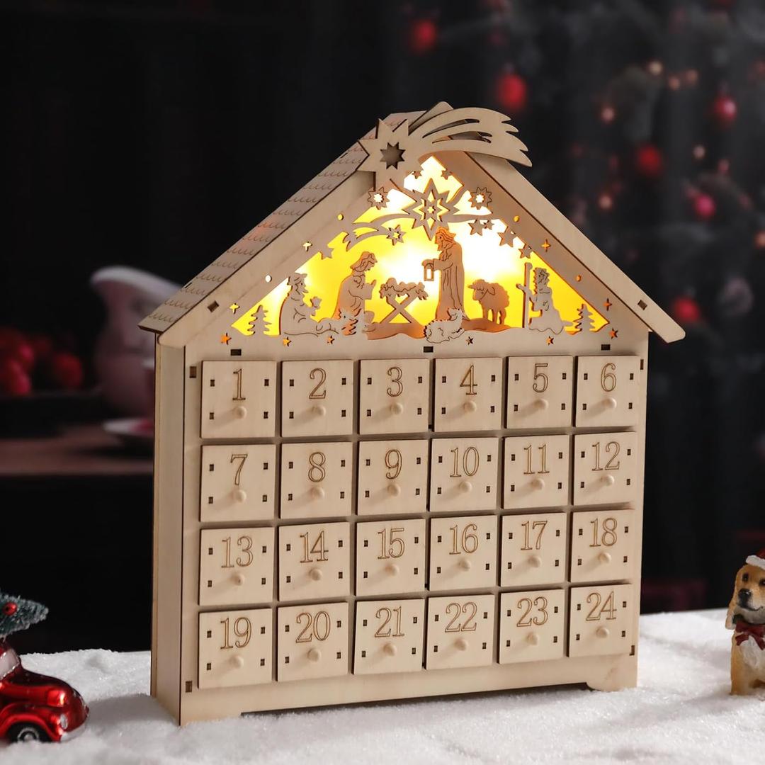 Vigdur Wooden Christmas Advent Calendar, Nativity Scene Advent Calendar House Box with 24 Drawers and Warm LEDs Countdown Calendars for Christmas Decoration 2025