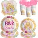 Srua Don Princess 4th Birthday Party Decorations Tableware, Pink and Gold Girl's Four Ever a Princess Birthday Party Supplies, Paper Plate, Cup, Napkin, Disposable Cutlery, Serves 24