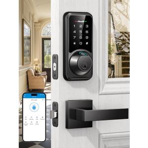 Smart Door Lock Set for Front Door, Zowill 7-in-1 Fingerprint Deadbolt with App Control, Keyless Entry Door Lock with 2 Lever Handles, Biometric, Touchscreen Keypad, Auto Lock, Matte Black