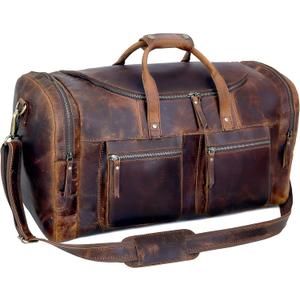 28" Vintage Duffel Classic Style with Modern Outlook Retro Thick Full Grain Cowhide Handmade Airplane Underseat Carry On Bags Leather Gym Overnight Luggage Bag (24 inch)
