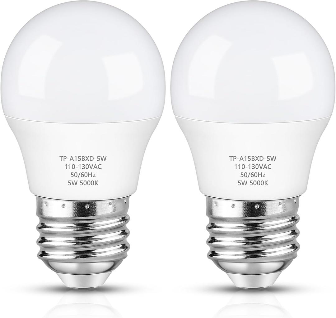 LED Refrigerator Light Bulb, 40 Watt Equivalent A15 Fridge Bulb Waterproof, Daylight White 5000K, 550LM E26 Base, 5W Appliance Bulb, 2-Pack
