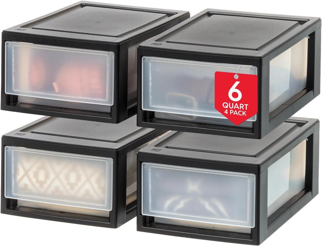 IRIS USA 6 Qt. Plastic Drawer Storage Organizer Stacking Drawers, 4-Pack, Stackable Unit with Sliding Drawer for Clothes Bedroom Kitchen Under Sink Pantry Craft Room Bathroom Dorm Office, Black (6 Qt. - 4 Pack, Black)