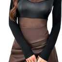 SHENHE Women's Faux Leather Bodysuit Lace Long Sleeve Mock Neck Mesh Body Suits Leotard (Black)