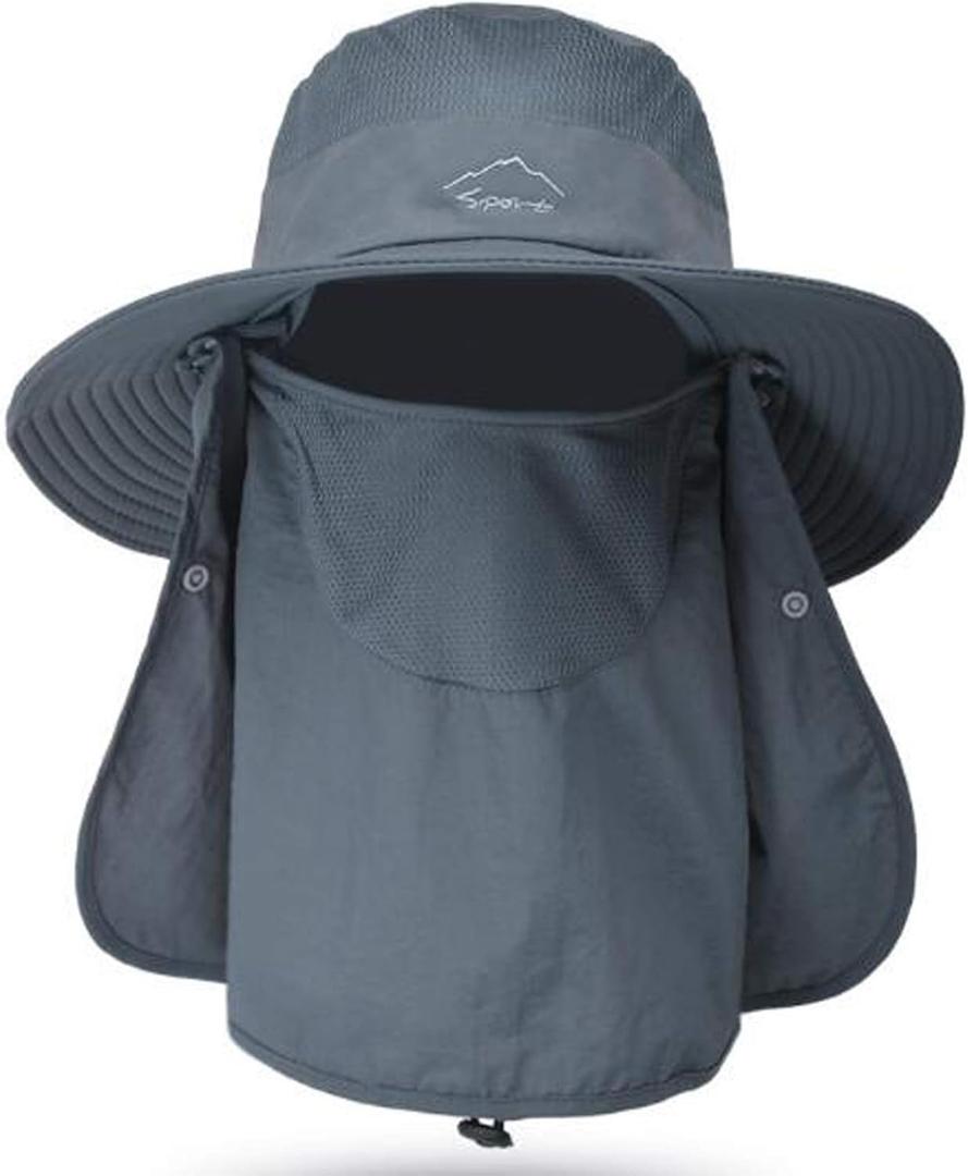 Fishing Hat for Men & Women, Outdoor UV Sun Protection Wide Brim Hat with Face Cover & Neck Flap (Medium, Dark Grey)