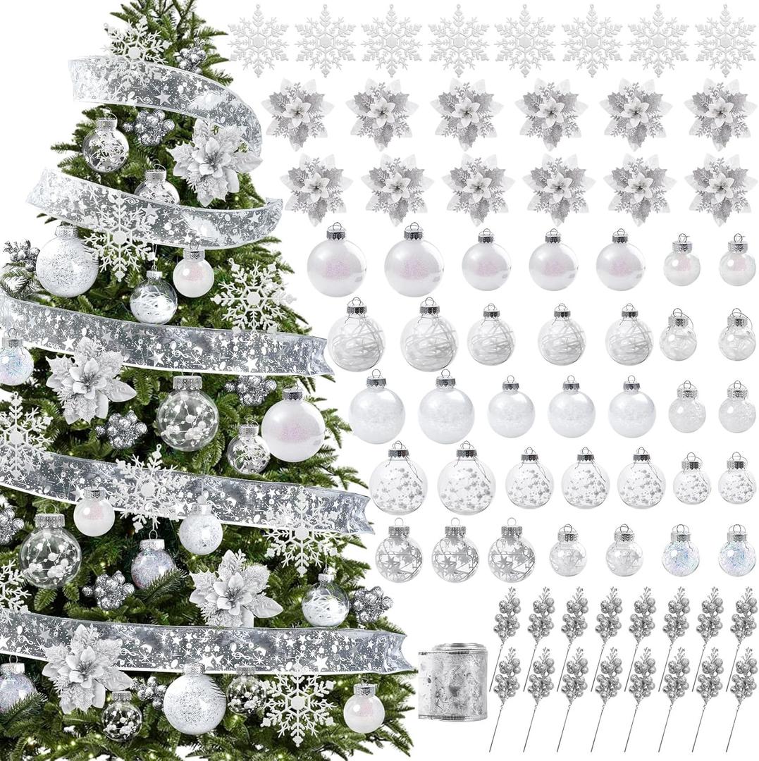 Roberly Silver & White Christmas Tree Decorations Set Shatterproof Clear Plastic Christmas Ornaments Balls