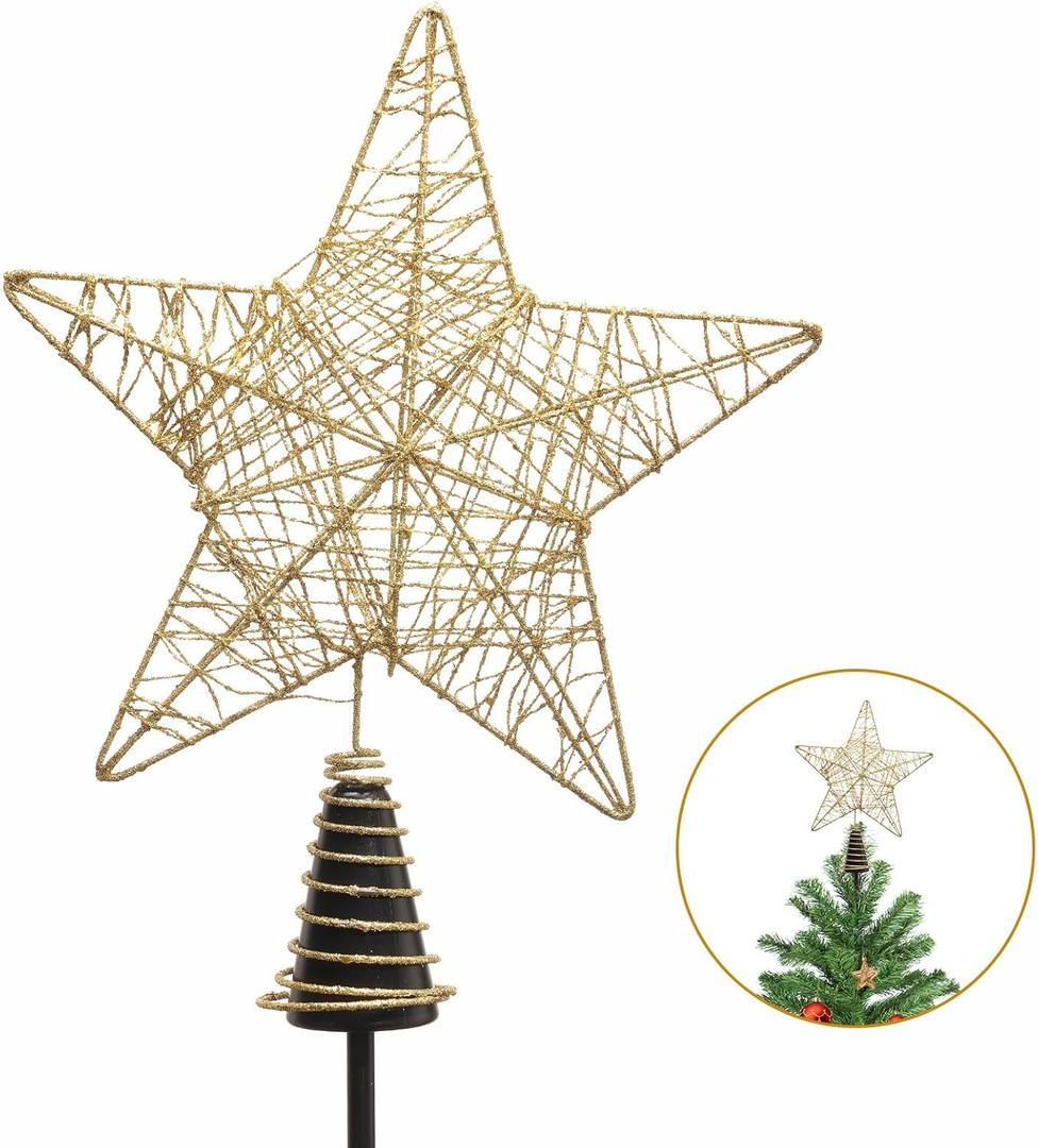 Christmas Tree Topper, Glitter Golden Star Ornament for Xmas Metal Wire Tree Topper, Hollow Glitter Star for Festival Christmas Tree Home Decoration Party