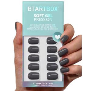 BTArtbox Press On Nails Short - Deep Grey Squoval Press On Nails with Glue for Women, Opaque Soft Gel Glue On Nails in 15 Sizes - 30 Stick On Nails Kit, Fog Friend