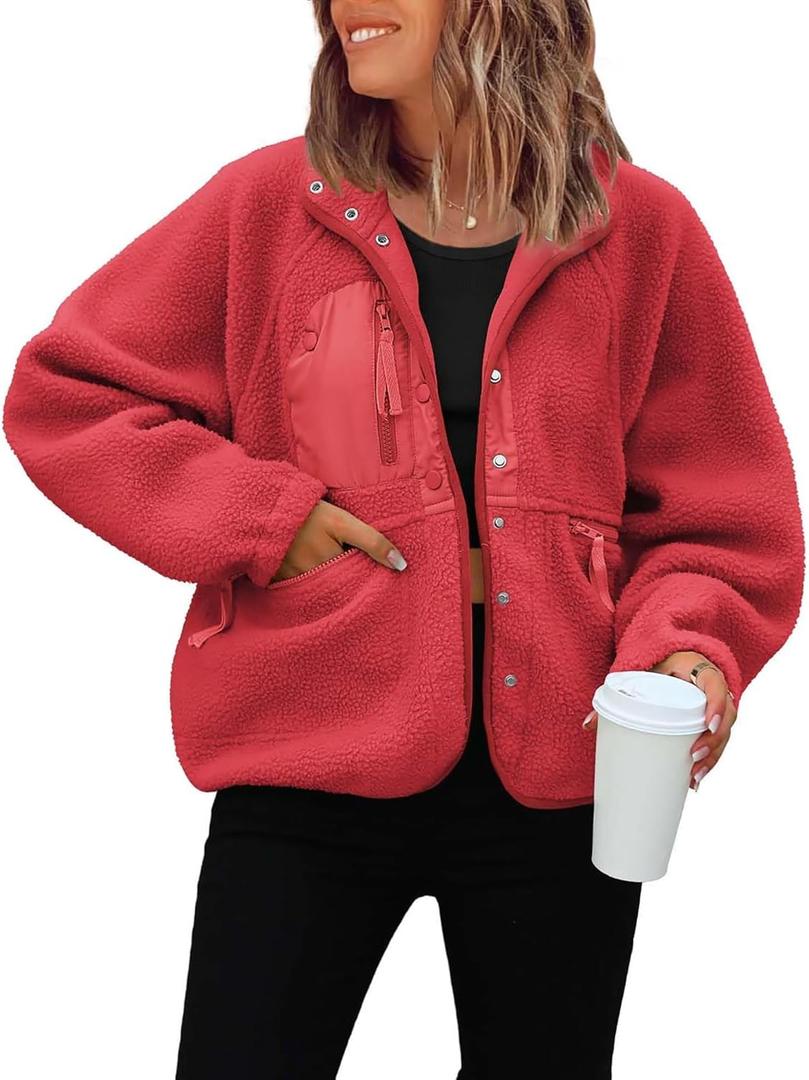 ReachMe Womens Sherpa Jacket Casual Lapel Button Down Cropped Fuzzy Fleece Jackets Long Sleeve Winter Coats with Pockets (Large, Red)