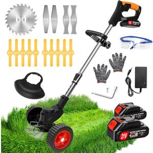 Electric Weed Wacker Cordless Grass Trimmer with 21V 2.0Ah Battery Powered, 3 in 1Stringless Weed Trimmer Brush Cutter Edger with Wheels, Adjustable Lightweight Weed Cutter for Lawn, Garden, Yard Care