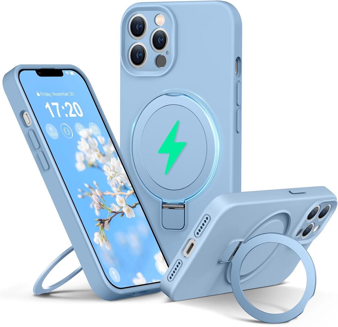 Liquid Silicone Case for iPhone 12 pro MAX with Magnetic Ring Stand, Upgraded Camera Lens Protection, Mil-Grade Drop Shockproof, Anti-Scratch Microfiber Lining Silicone Case (Azure Blue)