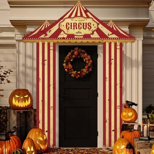 Chunnin Halloween Carnival Decorations Circus Party Awning Creepy Horror Circus White and Red Striped Porch Banner Creepy Carnival Tent for Halloween Eve Theme Party Photo Props Decorations