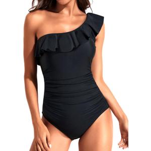 Tempt Me Women One Piece Swimsuits Tummy Control One Shoulder Bathing Suits Ruffle Swimwear (Black) Tempt Me Women One Piece Swimsuits Tummy Control One Shoulder Bathing Suits Ruffle Swimwear (Black)