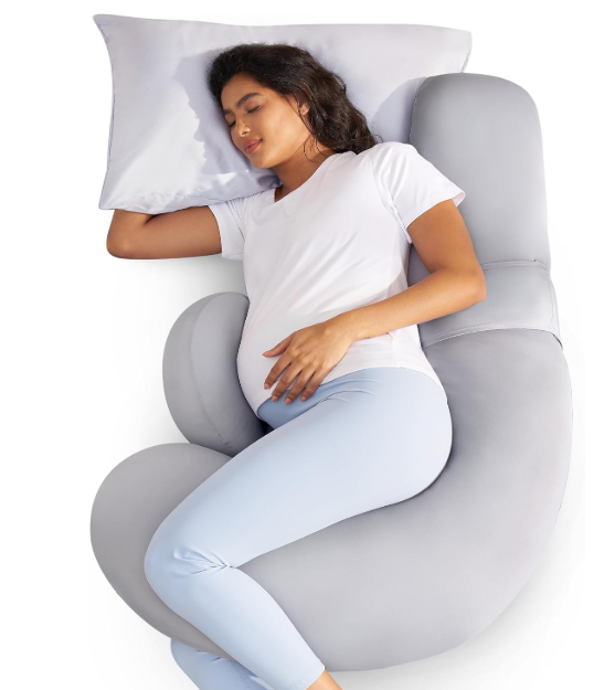 Momcozy Cooling Pregnancy Pillow,Original F Shaped Maternity Pillow for Pregnant Women with Adjustable Wedge Pillow, Full Body Support Pregnancy Pillows for Side Sleeping with Velvet Cover, Light Grey
