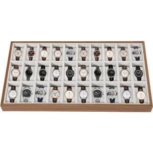 LOYALHEARTDY 30 Grid Watch Jewelry Tray Organizer Wooden Box Organizer Display Tray Watch Bracelet Display Holder with Removable Pillow for Men & Women Storage and Display