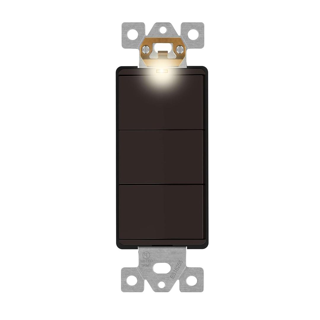 LIDER Minimalist Design Matte Finish Lighted Triple Switch, Combination Frameless Decorator Switch with Locator Light, Ground Terminal, Single Pole, 15A 120-277V, UL Listed, LCS3-1P-BR, Brown
