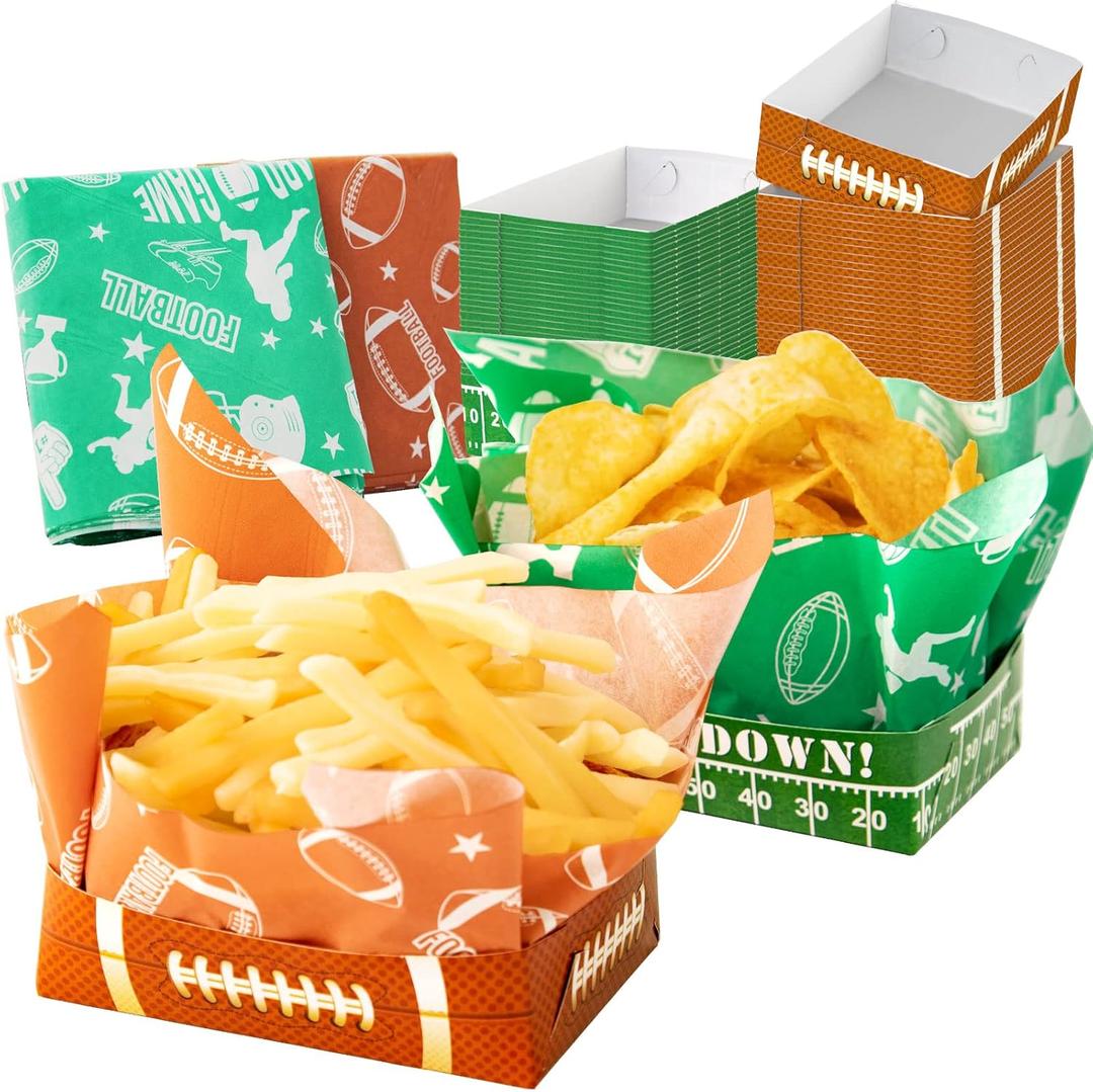 50 Pack Football Party Paper Food Trays, Superbowl Party Decorations, Disposable Food Serving Paper, Football Party Food Boats Hot Dog Trays Movie Snack Trays, Combination