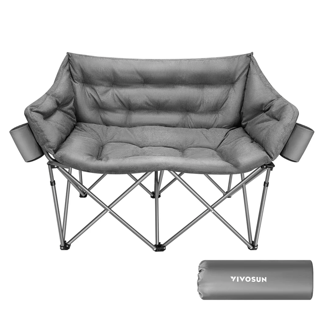 VIVOSUN Double Camping Chair, Fully Padded Folding Loveseat, Oversized Duo Chair with Cup & Wine Glass Holders, Pocket, Armrests & Carry Bag