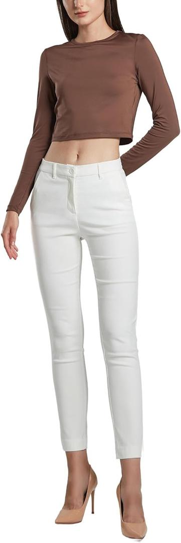 SANDY & SID Cropped Pants for Women Petite Small Size Mid Waist Slim Fit Work Pants Stretch Trousers Slack Casual Office Wear (Beige, M)