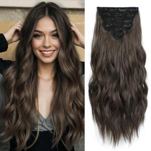 Clip in Hair Extensions for Women, 24 Inch 6PCS Hairpieces Long Wavy Soft Thick Hair Extensions Clip ins Chocolate