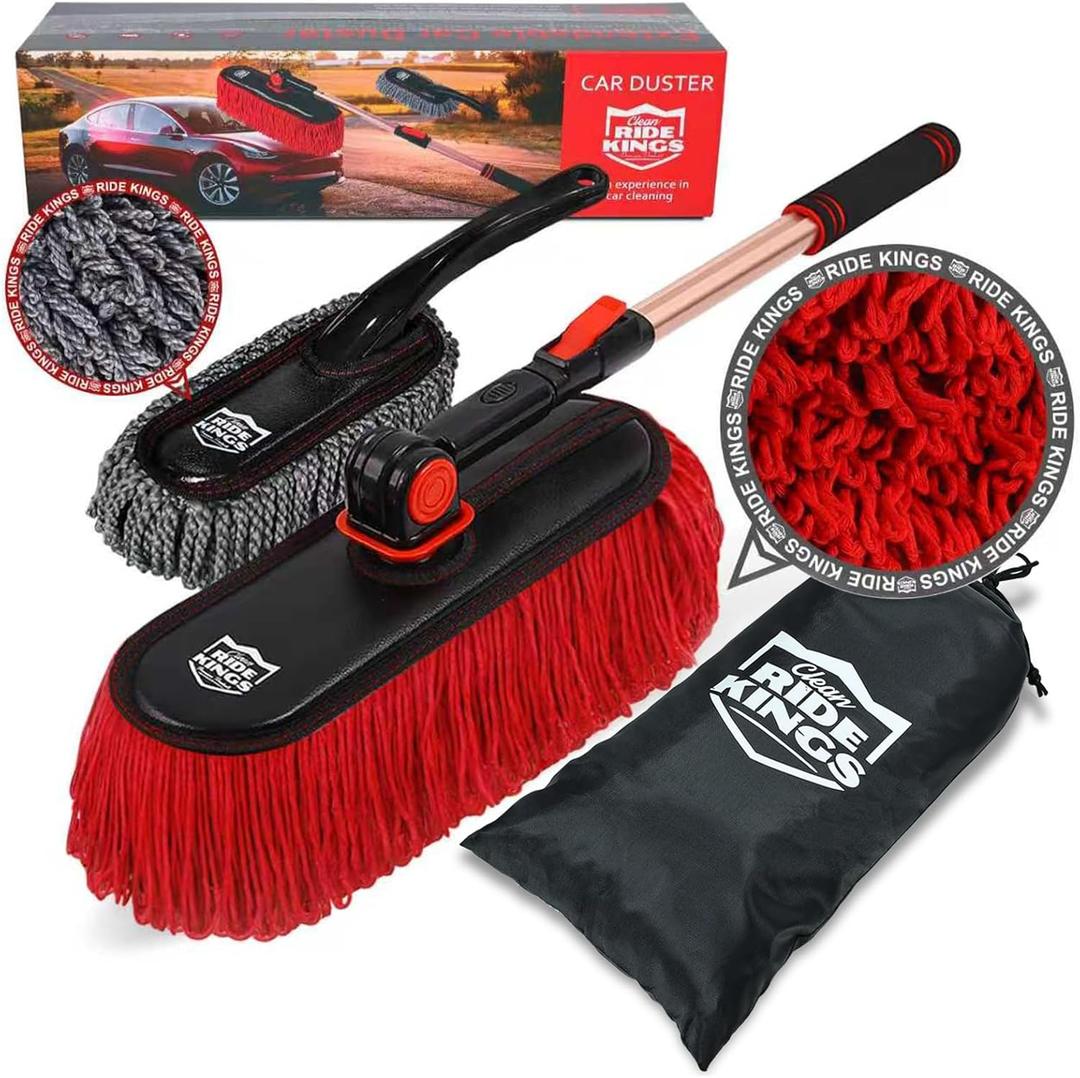 Car Duster Exterior Scratch Free,Car Dust Brush with Extendable Telescoping Handle to Remove Dust Pollen,Duster for Car,Truck,RV and Motorcycle,Large Auto Mop Duster Head, Wax Cotton Hair (Red Set-Cotton)