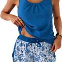Aidonger Women's Tankini Swimsuit Modest Two Piece Bathing Suit Tummy Control Athletic Blouson Tank Top with Short Bottoms (X-Large, Dark Blue Leaf)