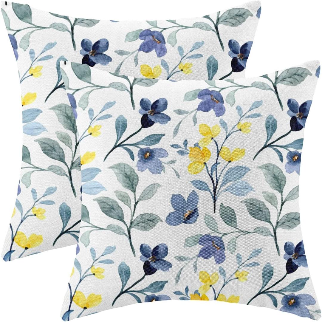 Yellow Blue Flower Pillow Covers 18x18 Set of 2, Watercolor Plants Farmhouse Decorations Throw Pillow Covers Vintage Floral Leaves Outdoor Decorative Linen Cushion Case for Couch Sofa Home