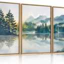 HPNIUB Large Green Mountain Framed Canvas Wall Art Set, Nature Foggy Forest Lake Reflection Wall Decor,Modern Pine Tree Artwork,Watercolor Landscape Art Print for Living Room,Bedroom,Office-24 x36 x3