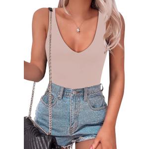 SAUNGKUAI Womens Bodysuit Sexy Plunge Deep V Neck Backless Sleeveless Tank Thong Body Suits Outfits for Going Out (Small, Taupepink)