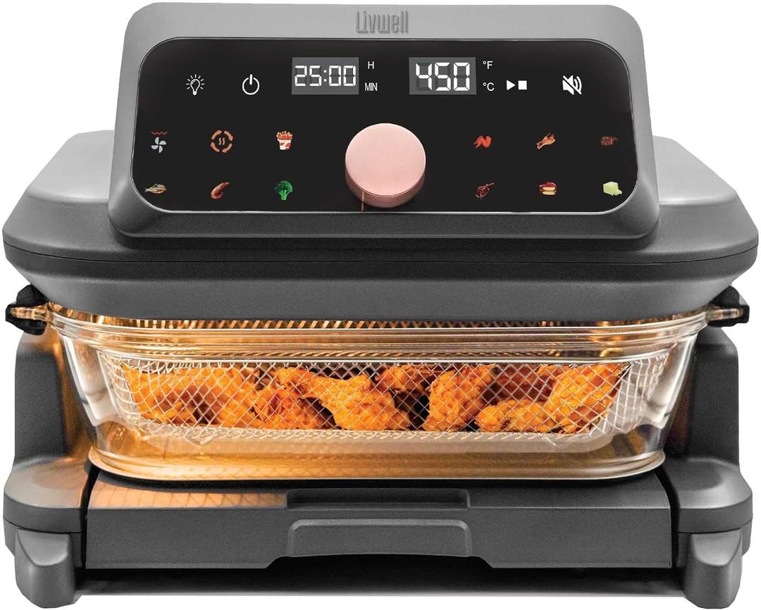 Livwell 6 Quart Glass Container Air Fryer with Pull-Out Drawer & Lid - Kitchen Gift - PFOA & PFAS-Free, 12 Presets, Dishwasher-Safe, Family-Sized One Dish Meal for Baking, Roasting & Crispy Frying