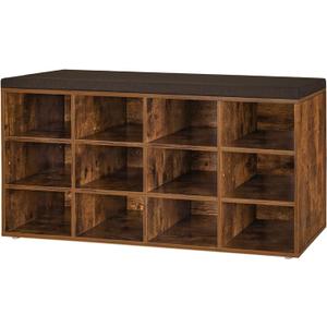 DINZI LVJ Shoe Storage Bench with Cushion, Cubby Shoe Rack with 12 Cubbies, Adjustable Shelves, Multifunctional Shoe Organizer Bench for Entryway, Mudroom, Hallway, Closet and Garage, Rustic Brown, 11.8"D x 40.9"W x 18.9"H